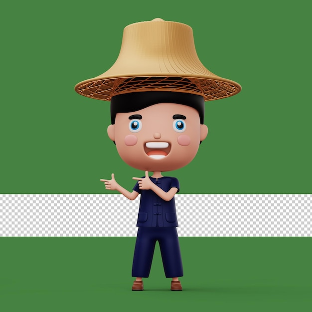 Happy asian farmer wearing mauhom shirt and bamboo hat pointing finger 3d rendering