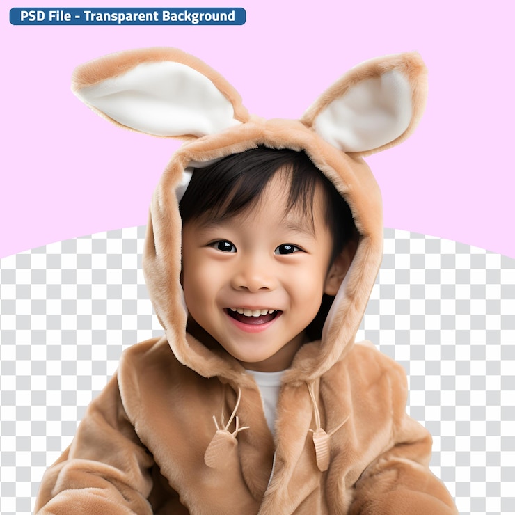 PSD 穿著復活節子裝扮的快樂的亞洲男仔
