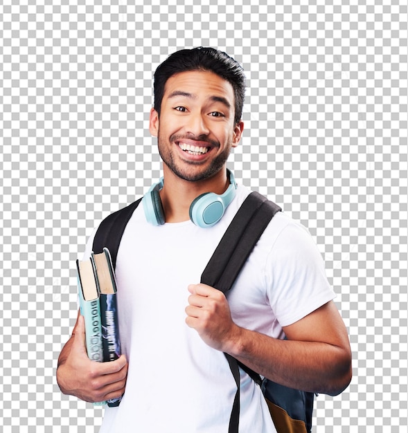 happy asian student with backpack and books