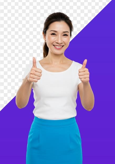 행복한 아시아 여성이 엄지손가락을 들고