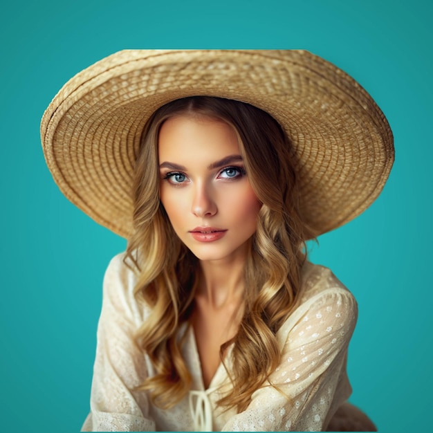 PSD happy attractive young woman in flowered dress and hat