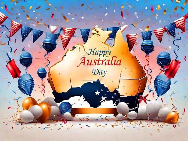 PSD sfondo del poster del happy australia day con festoni colorati e confetti