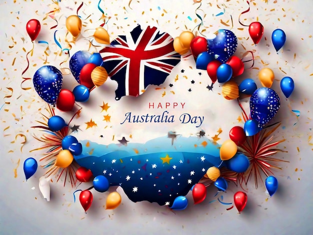 PSD sfondo del poster del happy australia day con festoni colorati e confetti