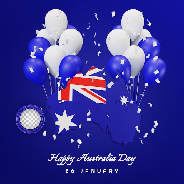 Happy australia day with 3d australia continent balloon and confetti free psd