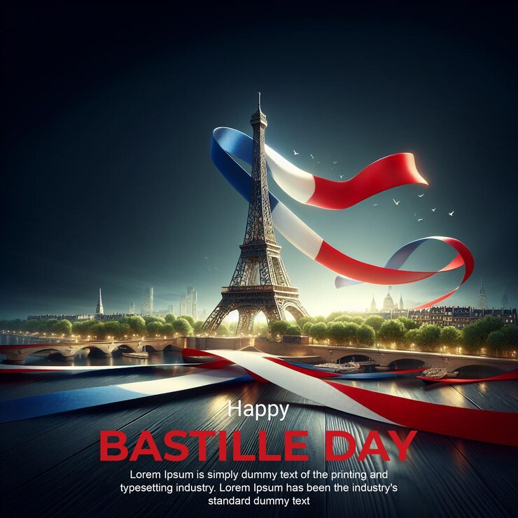 PSD happy bastille day psd banner eiffel tower with france flag ribbon