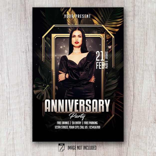 PSD happy birthday anniversary flyer black gold tropical style