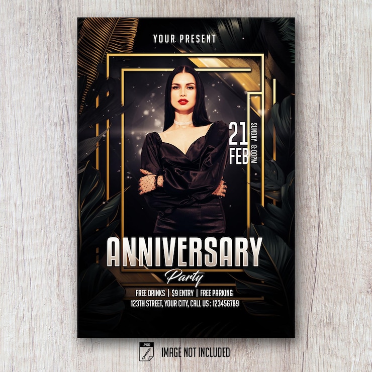 PSD happy birthday anniversary flyer black gold tropical style