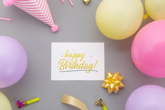 Happy birthday background, flat lay party decoration with flyer invitation card mockup template.