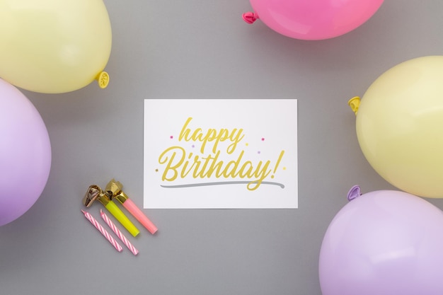 Happy birthday background, Flat lay party decoration with flyer invitation card mockup template.