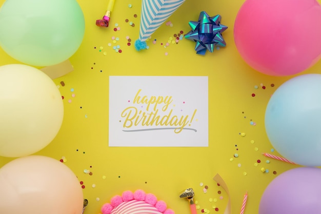 Happy birthday background, Flat lay party decoration with flyer invitation card mockup template.