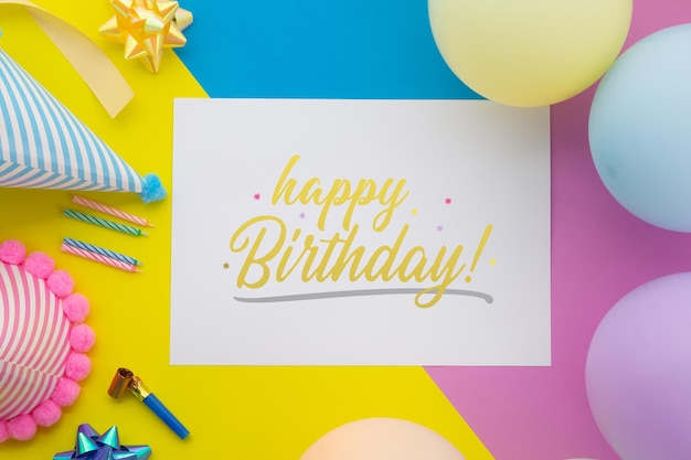 Happy birthday background, Flat lay party decoration with flyer invitation card mockup template.