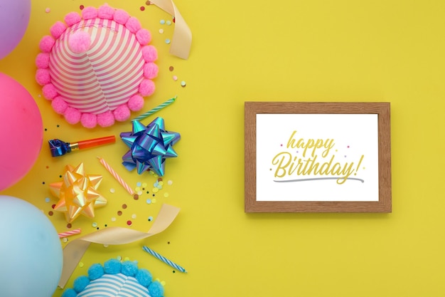 Happy birthday background, Flat lay party decoration with photo frame mockup template.