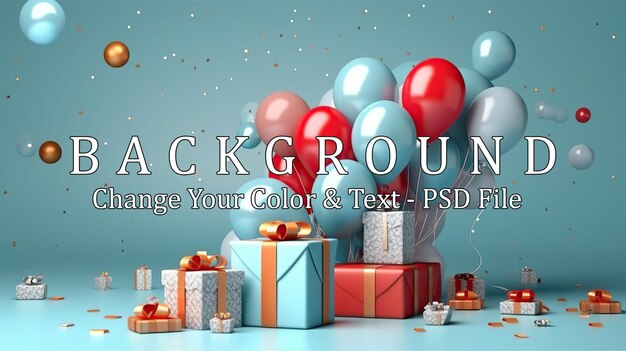 PSD happy birthday background and gift box and realistic balloons ornament with ribbon generative ai