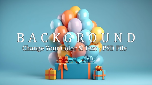 PSD happy birthday background and gift box and realistic balloons ornament with ribbon generative ai