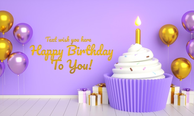 Happy birthday banner cake invitation card for purple social media post template with text