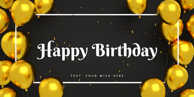 PSD happy birthday banner invitation card for black golden social media post template with frame