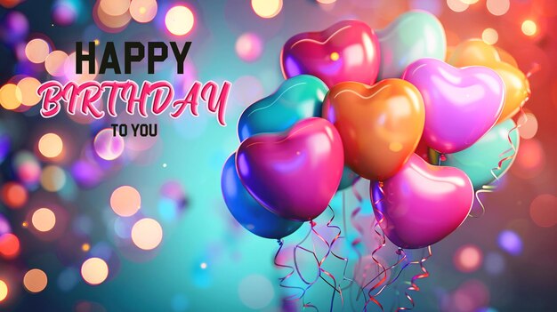 PSD happy birthday banner or poster with delicious cake and balloons background