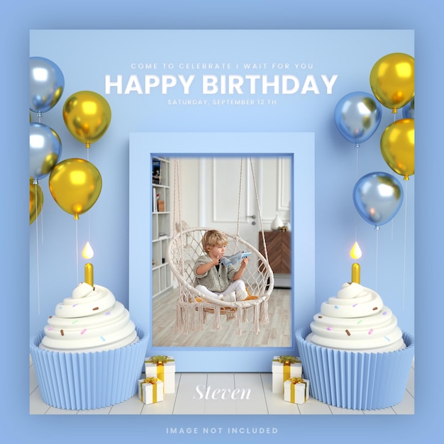 Happy birthday cake invitation card for baby boy instagram social media post template with mockup