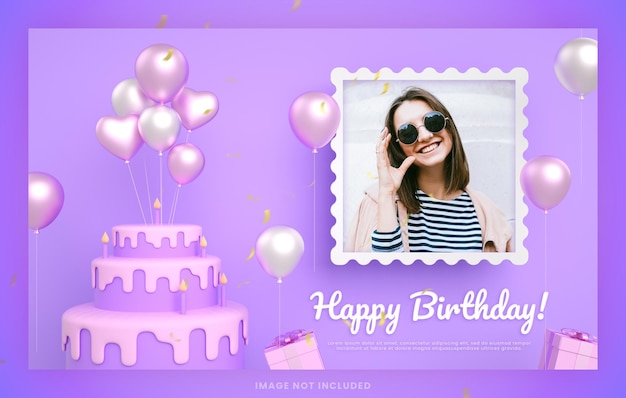 PSD happy birthday cake invitation card for purple instagram social media post template with mockup