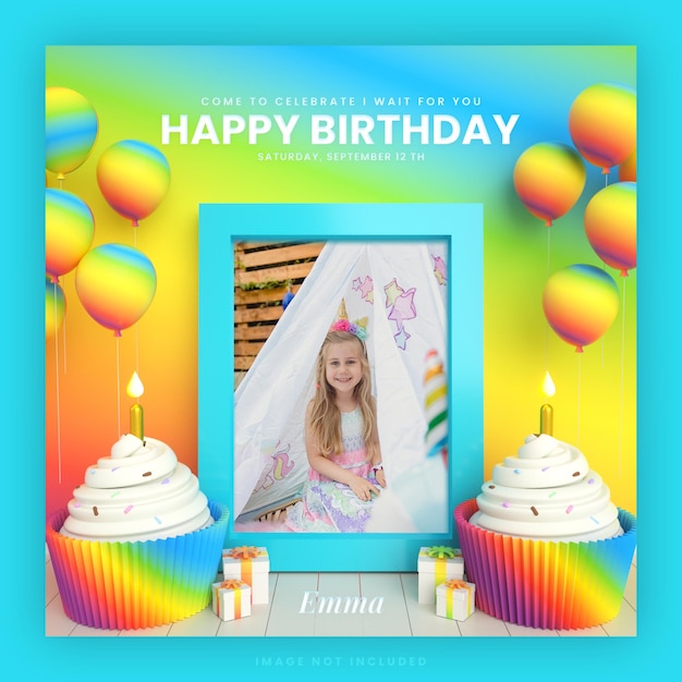 Happy birthday cake invitation card for rainbow kids instagram post template with mockup