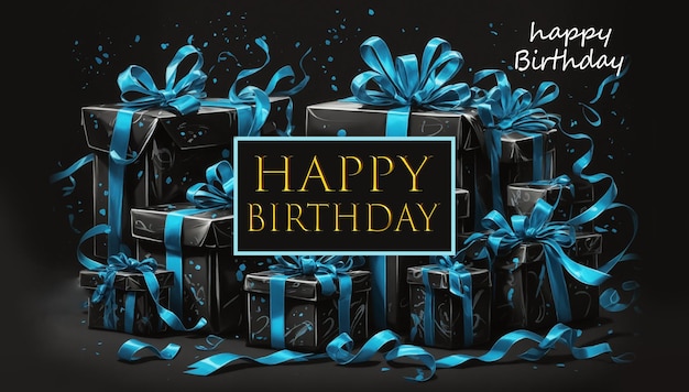 Happy Birthday card with gift boxes on black background Vector illustration