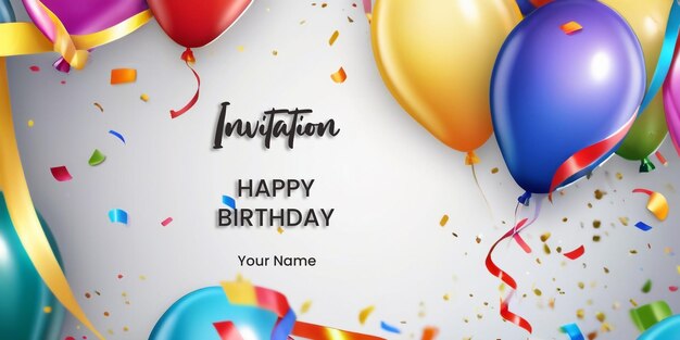 PSD Счастливый день рождения открытка с воздушными шарами и подарочной коробкой с типографическим фоном