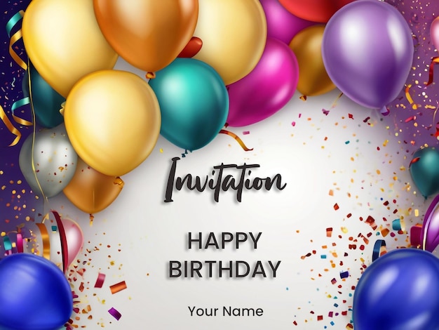 PSD happy birthday celebration card with balloons and gift box with typography letter background