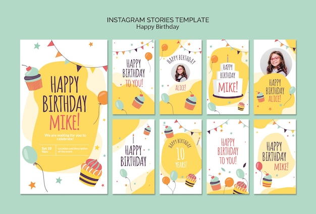 Modello di storie di instagram di concetto di buon compleanno