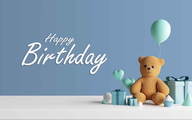 PSD happy birthday design with gifts 3d rendering