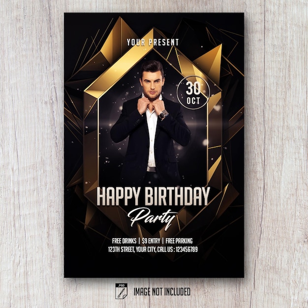 Happy birthday flyer psd template black gold style lowpoly minimal art deco