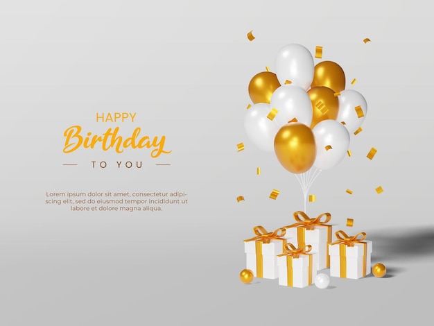 happy birthday greeting background composition 3d gifts box balloon and confetti