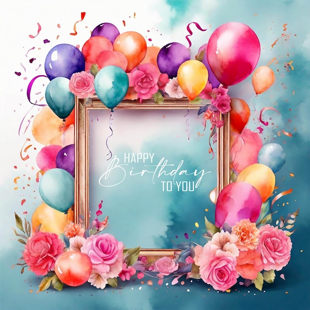 PSD disegno di biglietto di auguri di buon compleanno con palloncini e fiori sullo sfondo ad acquerello