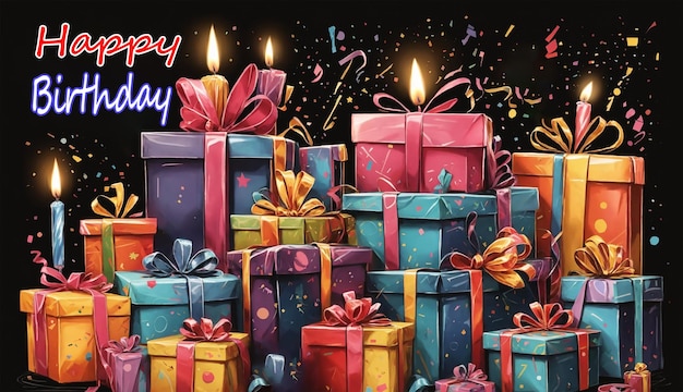 PSD happy birthday greeting card with gift boxes and confetti vector illustration