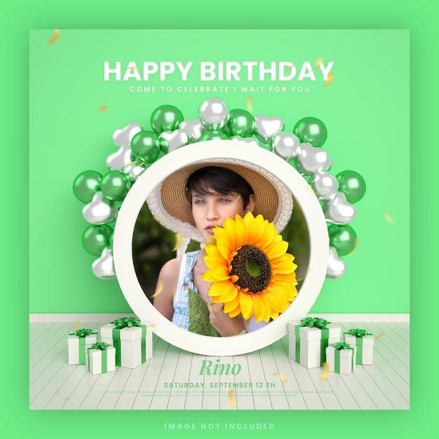 Happy birthday invitation card for green instagram social media post template with frame mockup