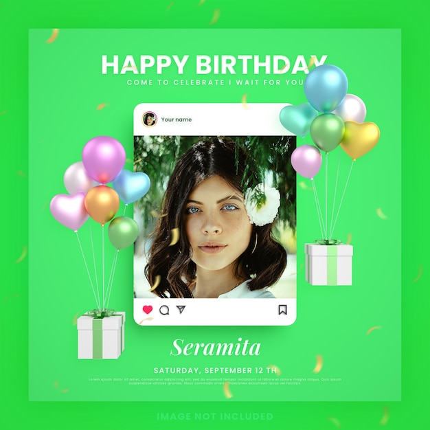 PSD biglietto d'invito di buon compleanno per il modello di post sui social media instagram verde con mockup