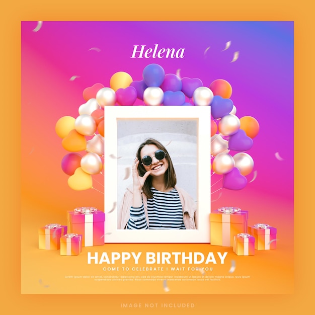 PSD happy birthday invitation card for instagram social media post template with mockup and phone