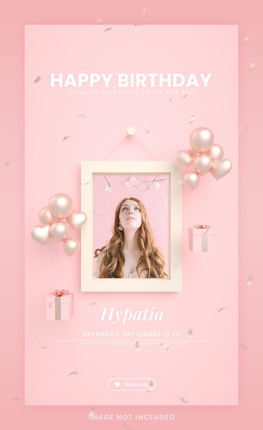 PSD happy birthday invitation card for instagram social media story post template with mockup