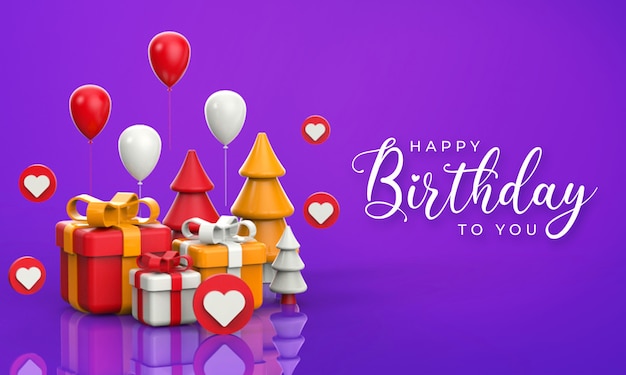 Happy birthday lettering with balloons and box 3d rendering illustrations