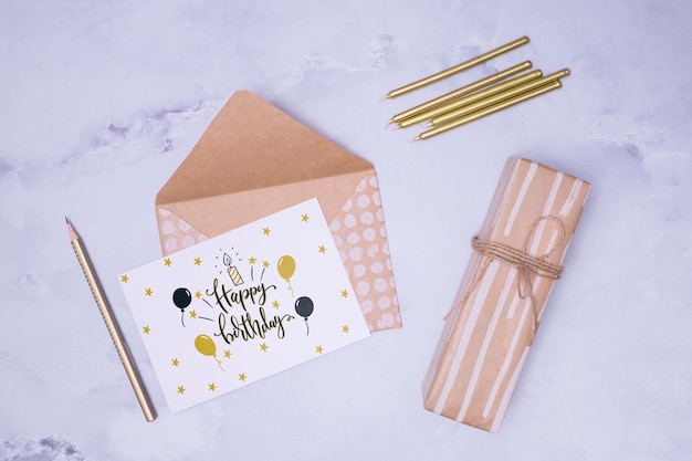 PSD happy birthday mock-up flat lay