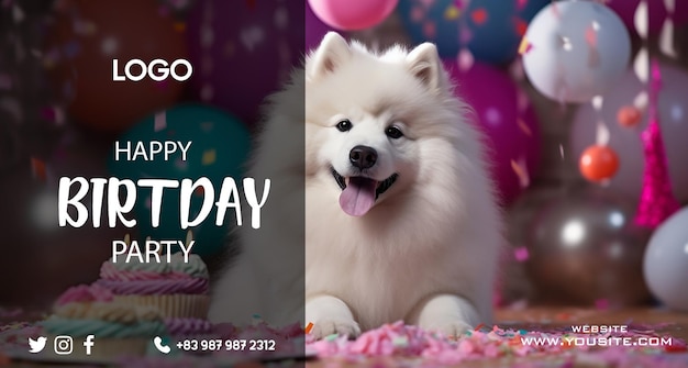 PSD a happy birthday party card with a dog on it