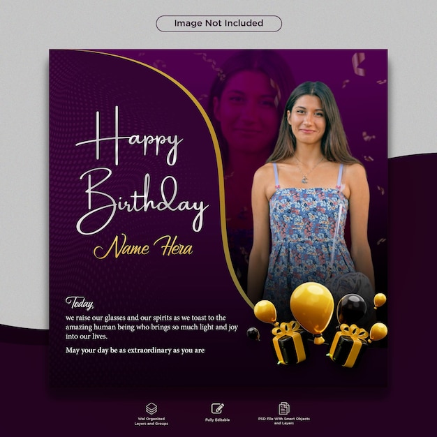 Happy birthday post and birthday party celebration PSD template for social media