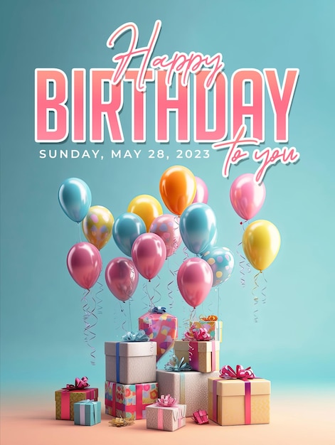 Постер с днем рождения с воздушными шарами и фоном подарочной коробки