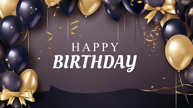 Happy birthday poster with balloons birthday cake and gift box backdrop background psd
