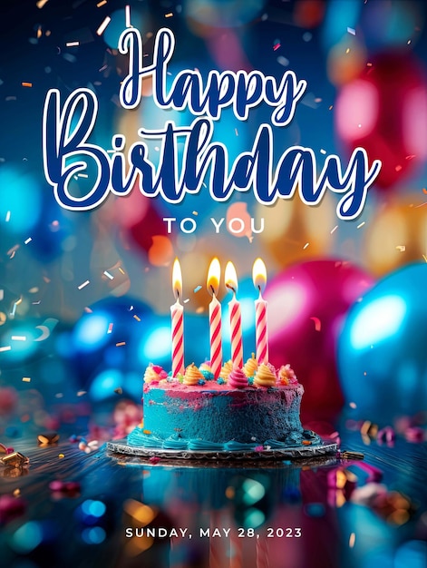 PSD happy birthday poster with delicious birthday cake background
