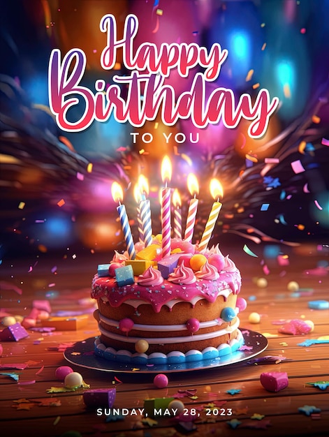 Poster di buon compleanno con sfondo di una deliziosa torta di compleanno