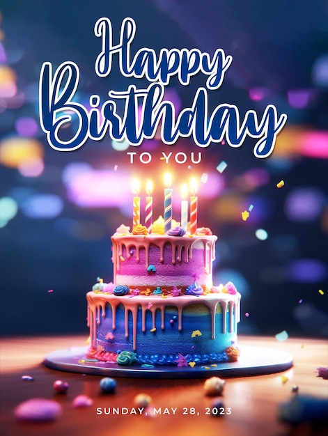 Poster di buon compleanno con sfondo di una deliziosa torta di compleanno