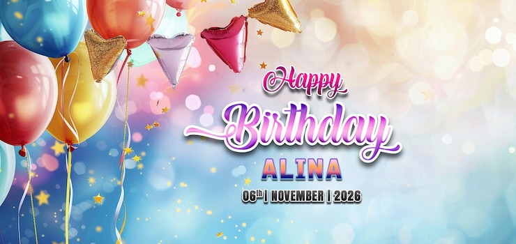 PSD happy birthday template with airfield love shape balloons and decoration flag around golden stars