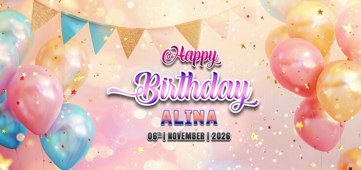 PSD happy birthday template with airfield love shape balloons and decoration flag around golden stars