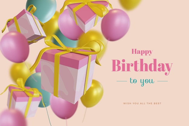 Happy birthday with gift box balloon love 3d rendering mockup