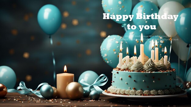 PSD happy birthday to you background with balloons confetti birthday hat and birthday cake in blue